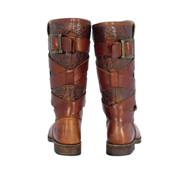 FRYE Veronica RARE Floral Hand-Tooled Embossed Leather Strappy Boots Women's 8 - Picture 5 of 13